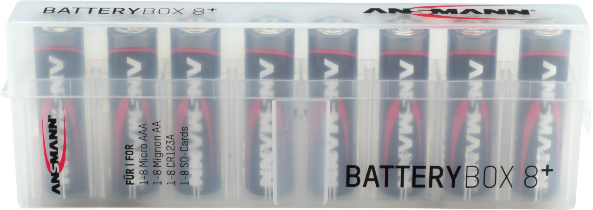 'Batteriebox 8+' indeholder otte AA-batterier i en transparent plastikboks. Mærket 'Ansmann'. Boksen beskytter og organiserer batterierne.