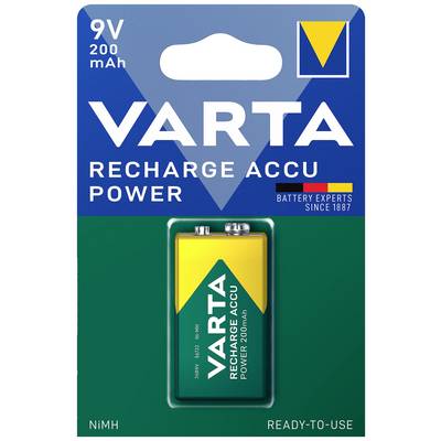 VARTA genopladelig batteri i blister. 9V, 200mAh, NiMH, genopladelig, med blå-gul design. Tekst: 'Klar til brug', 'Batterieksperter siden 1887'.