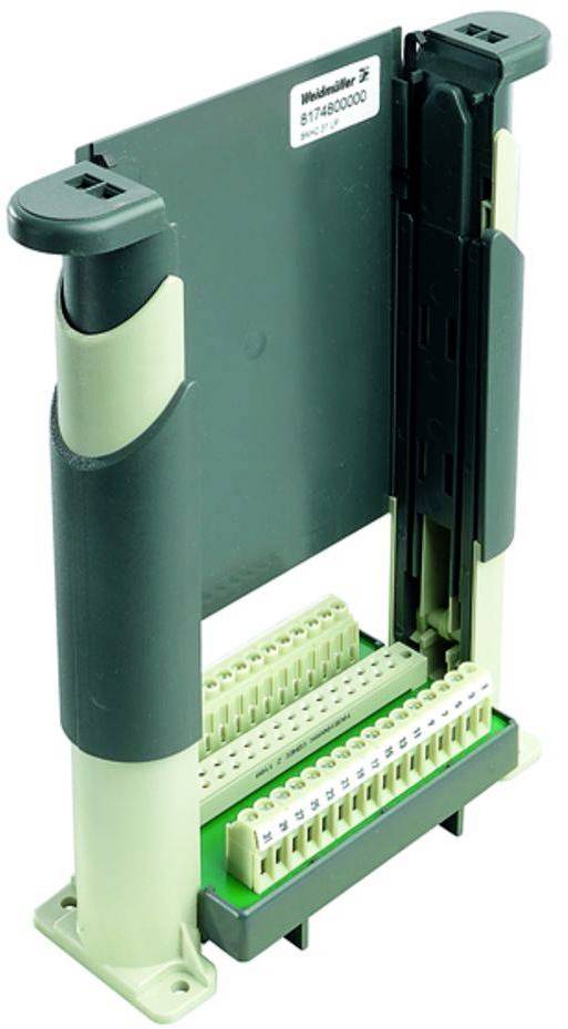 Elektronisk modul med grønt printpanel, flere tilslutningsklemmer og to vertikale monteringsbeslag.