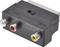 En SCART-adapter med tre RCA-stik, mærket som 'AUDIO (R)', 'AUDIO (L)' og 'VIDEO'. Foroven er 'INPUT' og 'OUTPUT' markeret.