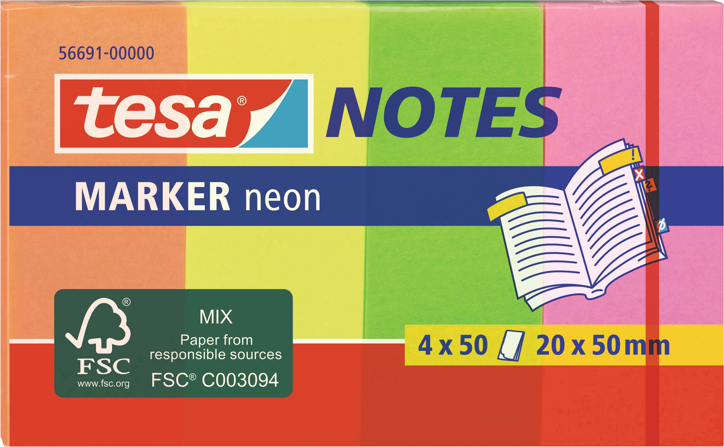 tesa Post-It 56691-00000-01 20 mm x 50 mm Orange, Gul, Grøn, Pink 200 ...
