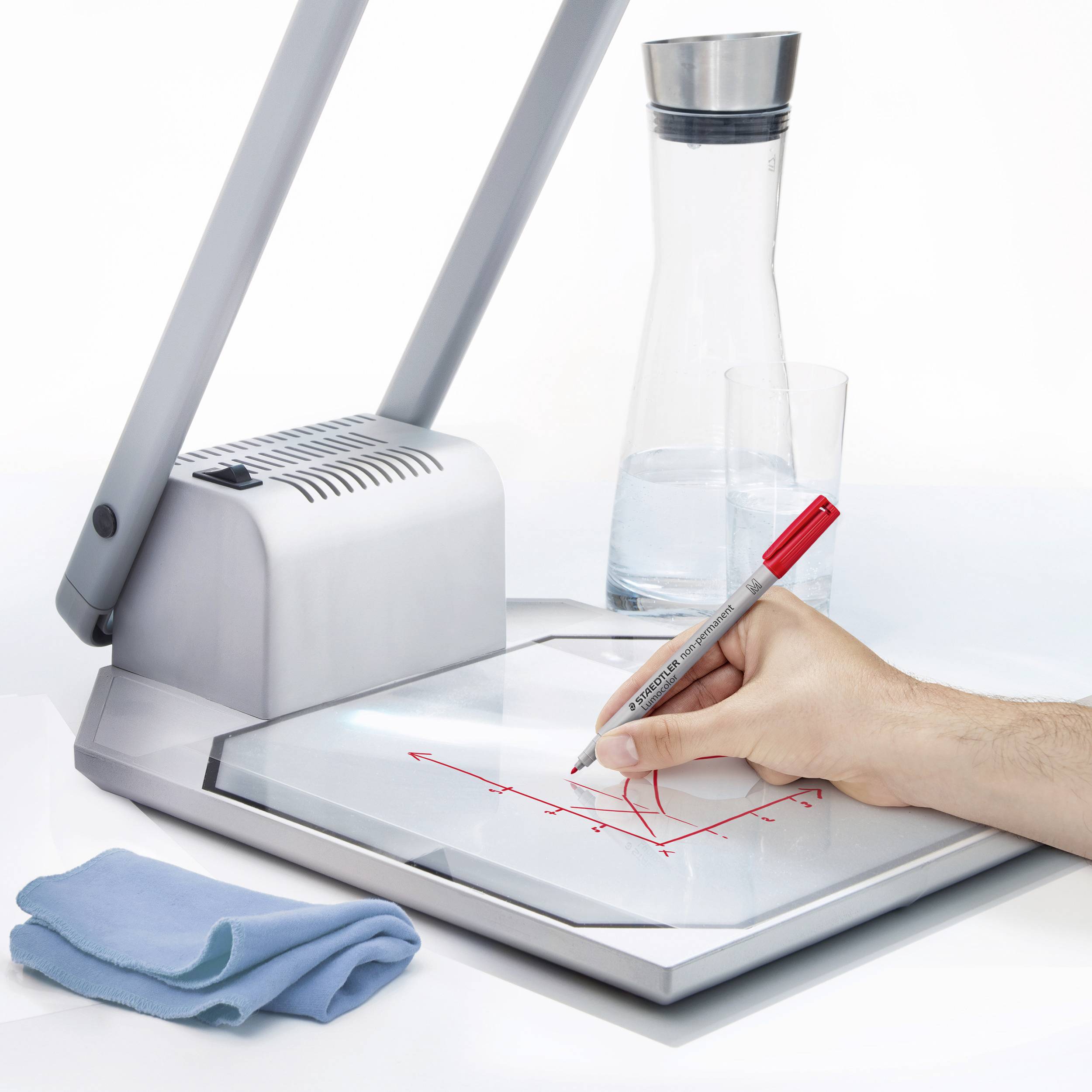 En projektor viser et diagram på en glasplade, ved siden af ligger en pen og et glas vand. En hånd markerer med pennen.