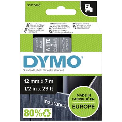 Produktemballage til DYMO standardetiketter, størrelse 12 mm x 7 m, med påskriften: 'WHITE CLEAR'. Fremstillet i Europa.
