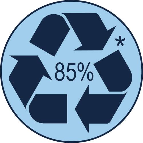 Genanvendelsessymbol i en blå cirkel med '85%' i midten og en lille asterisk, der angiver høj genanvendelighed eller genanvendt indhold.