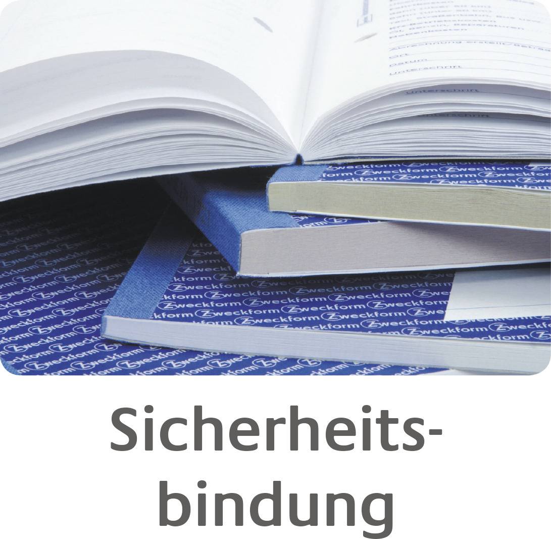 Flere indbundne bøger, hvoraf en er åben, ligger oven på hinanden. Nedenunder står teksten 'Sikkerhedsbinding'.