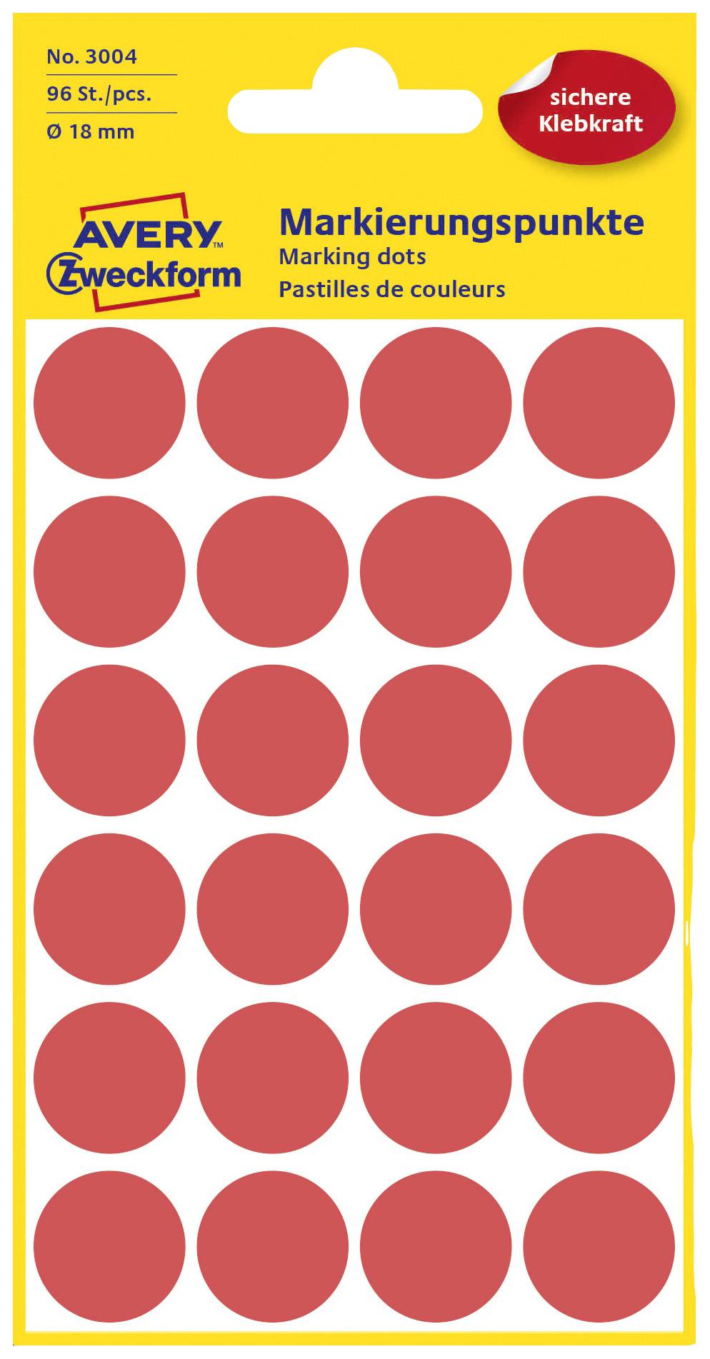 Etiketpakke med røde markeringsprikker fra Avery Zweckform, 96 stk., Ø 18 mm, med sikker klæbekraft.