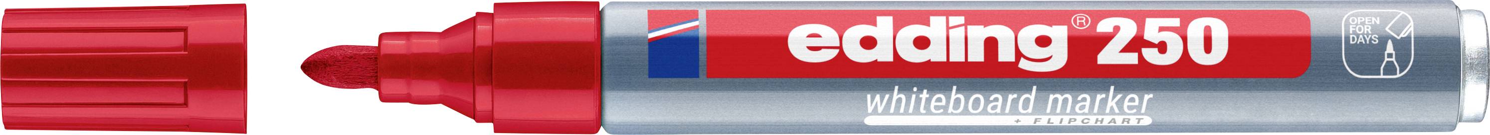 Rød Edding 250 whiteboard-markør med låg fjernet, der viser skrå spidsen og det sølvfarvede lod mærket "edding 250 whiteboard marker."