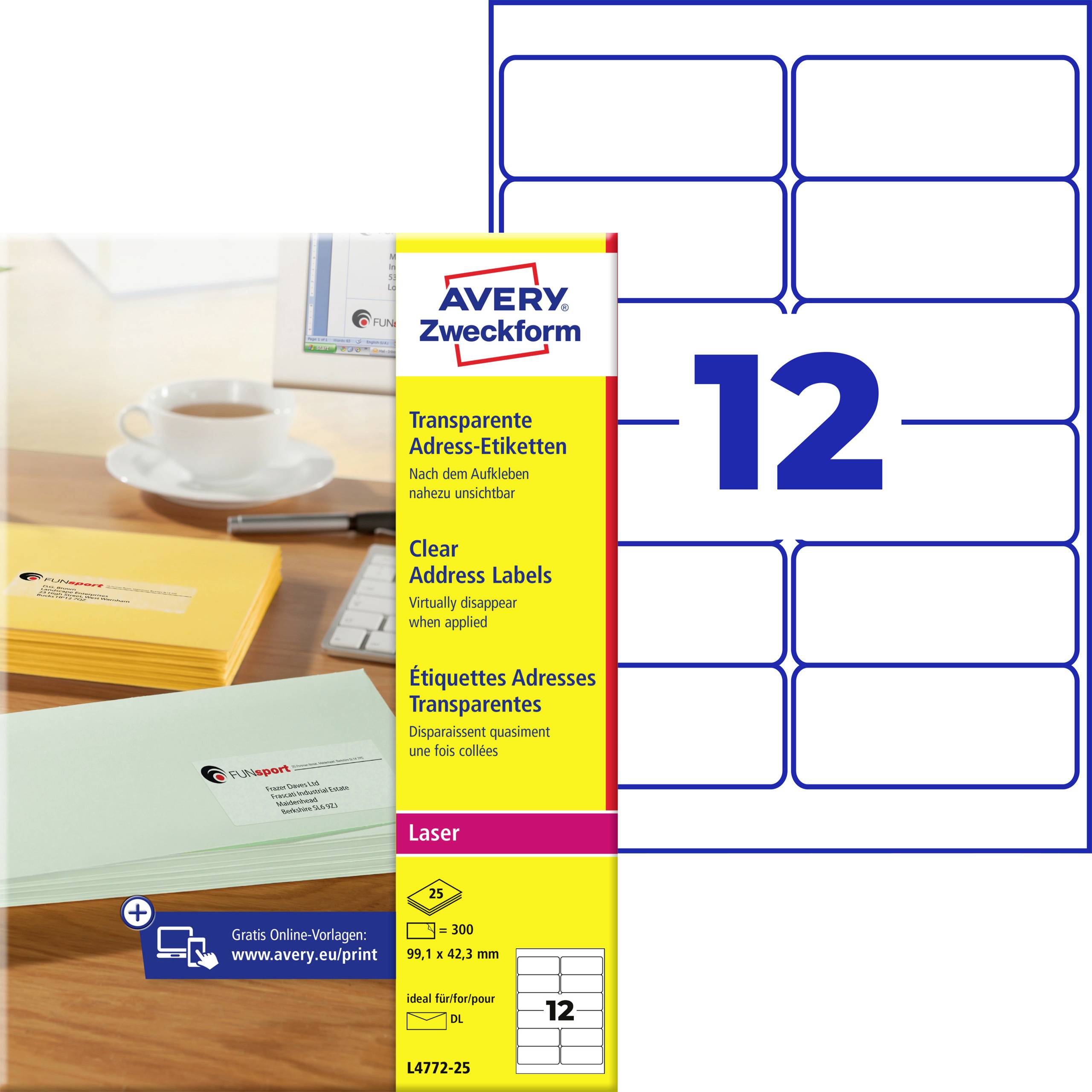 Avery Zweckform klare adresseetiket-pakke til laserprintere, med 12 etiketter pr. ark med et antal på 25 ark og et etiketskabelondiagram.