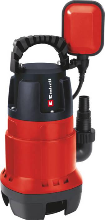 Rød dykpumpe med sort håndtag og sort tilslutning. Egnet til vandudpumpning i kældre eller cisterner.