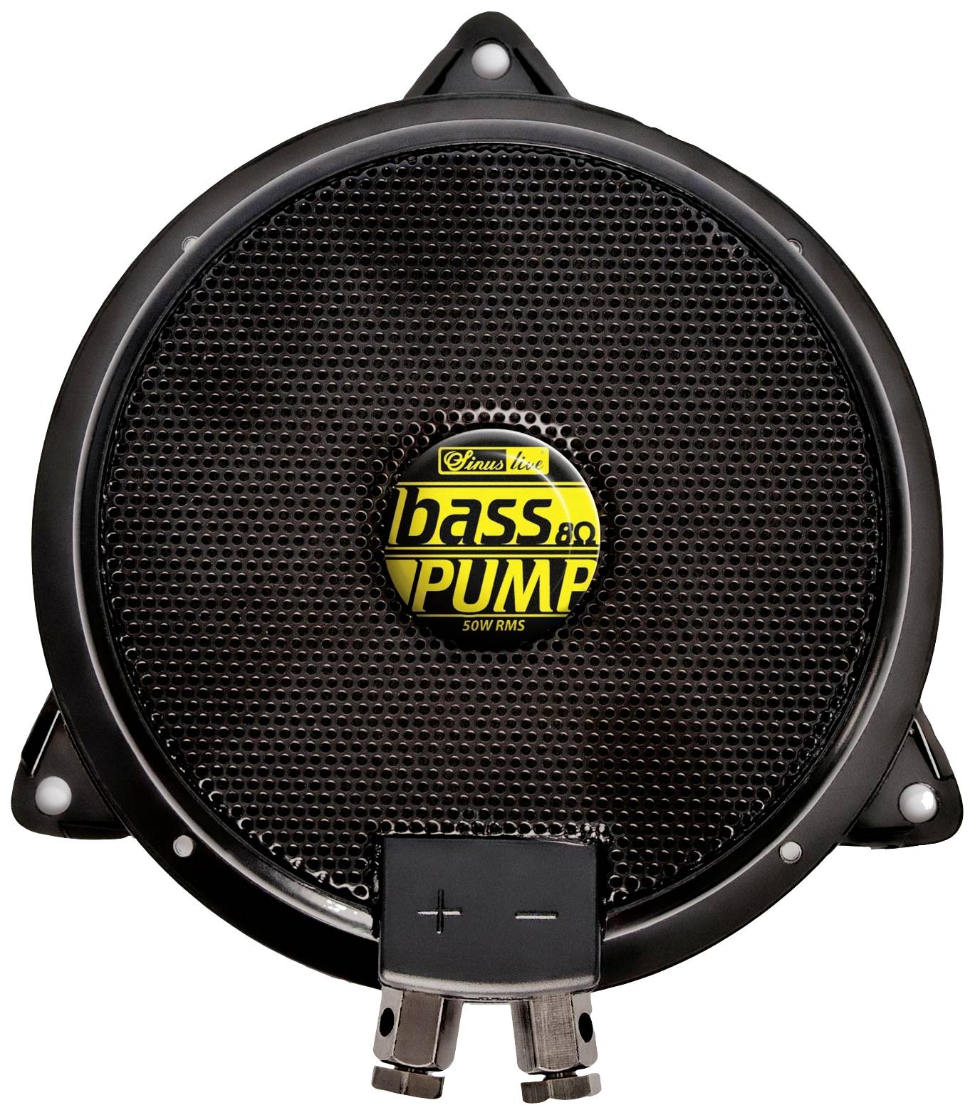 Rund sort højtaler med gul etiket i midten, hvorpå der står 'bass pump 50W RMS', med plus- og minustegn forneden.