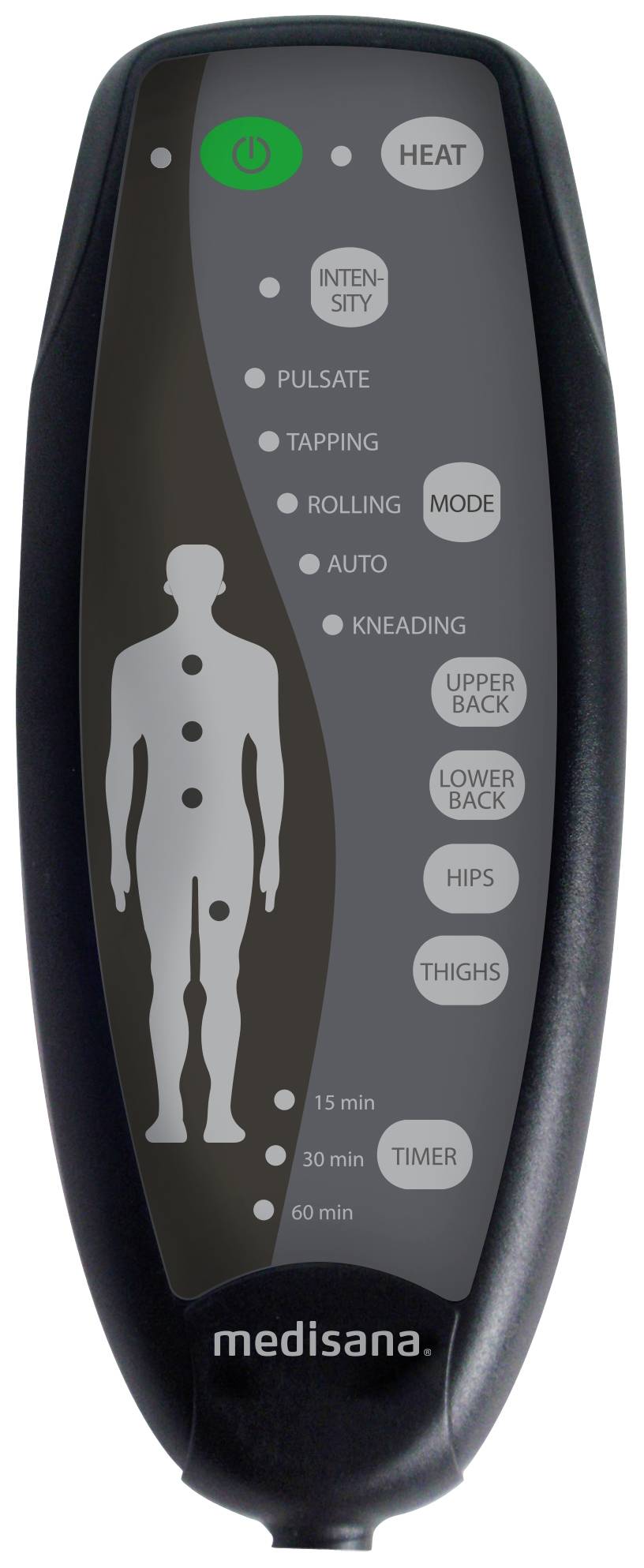 Massageenhedsstyreenhed med menneskelig silhuet, knapper til intensitet, tilstande som 'ælte', 'rulle' og timerindstillinger.