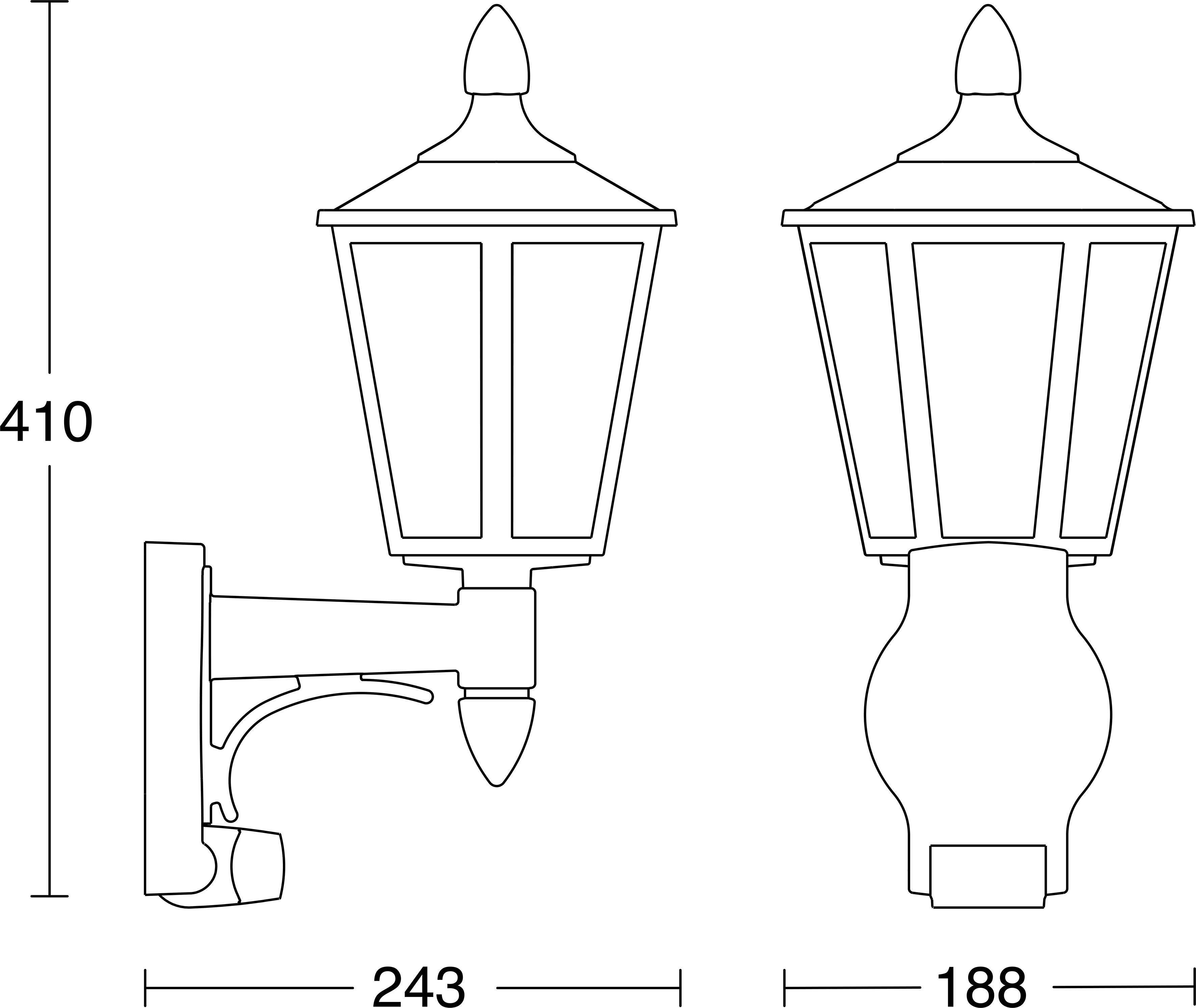 Teknisk tegning af en vægmonteret lanternlampe med front- og sidevisninger, der viser dimensioner på 410 høj, 243 bred og 188 dyb.