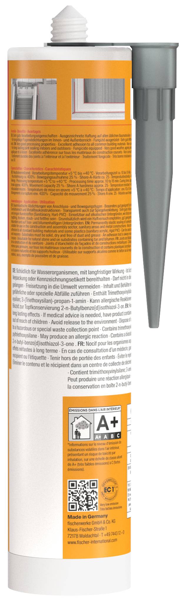 Højt hvidt klæbemiddel i patron med orange etiket og grå mundstykke, der viser produktinstruktioner, sikkerhedstekst og et kvalitetsvurderingskort.