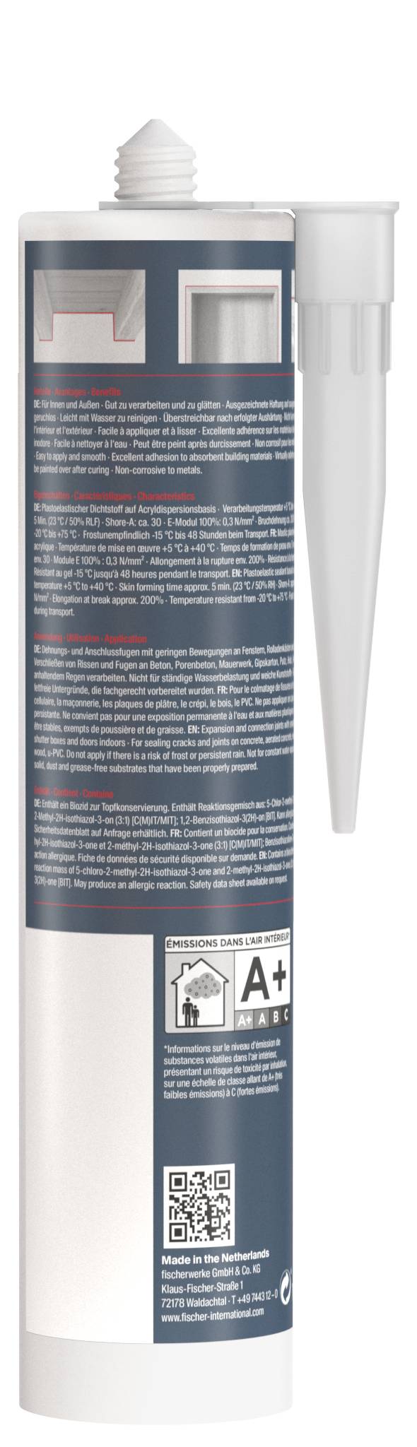 Foto af en hvid kitslange med en spids mundstykke, der viser et mørkt etiket med produktinformation, instruktioner og en QR-kode.