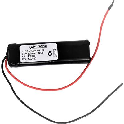 Sort batteripakke med rødt og sort kabel. Etiket beskriver 800mAh, 4,8V, NiCd, artikelnummer 409386, F.D.: 40/2020.