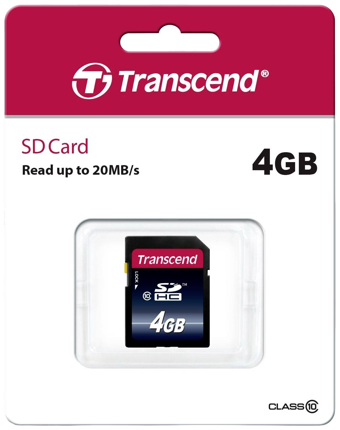 Transcend 4GB SD-kort, Class 10, læser op til 20 MB/s. Emballagen viser kortet i et gennemsigtigt plastiketui.