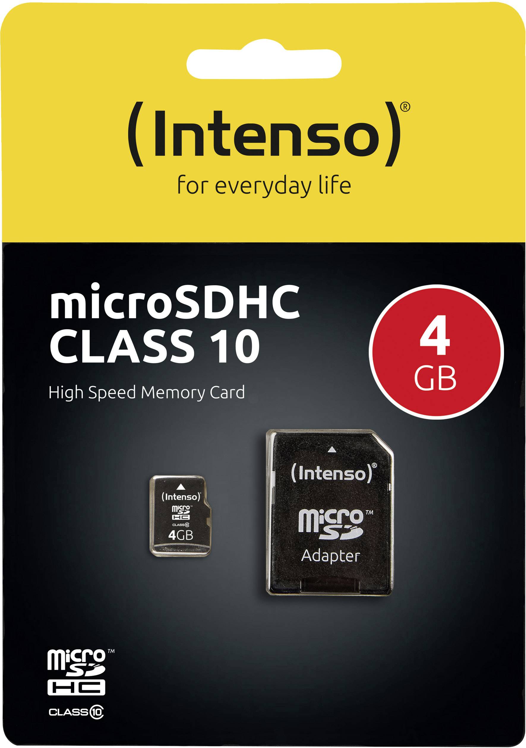 Emballage til et Intenso microSDHC Class 10 hukommelseskort på 4 GB. Påskrift: 'High Speed Memory Card'. Kort og adapter vist på billedet.