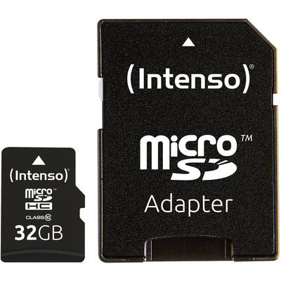 MikroSD-kort med 32 GB lagerkapacitet og adapter fra Intenso. Kortet er mærket som Class 10.