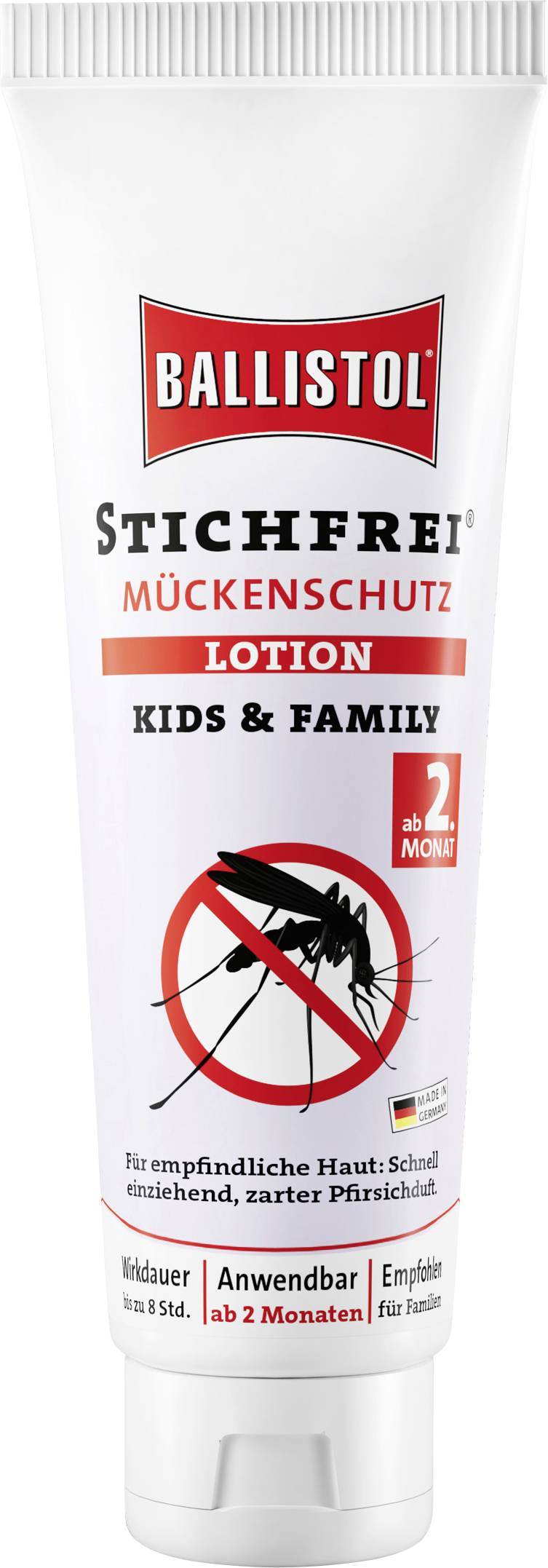 En tube 'Stichfri' myggespray til børn og familie, egnet fra 2 måneders alderen, til følsom hud, som hurtigt absorberes.
