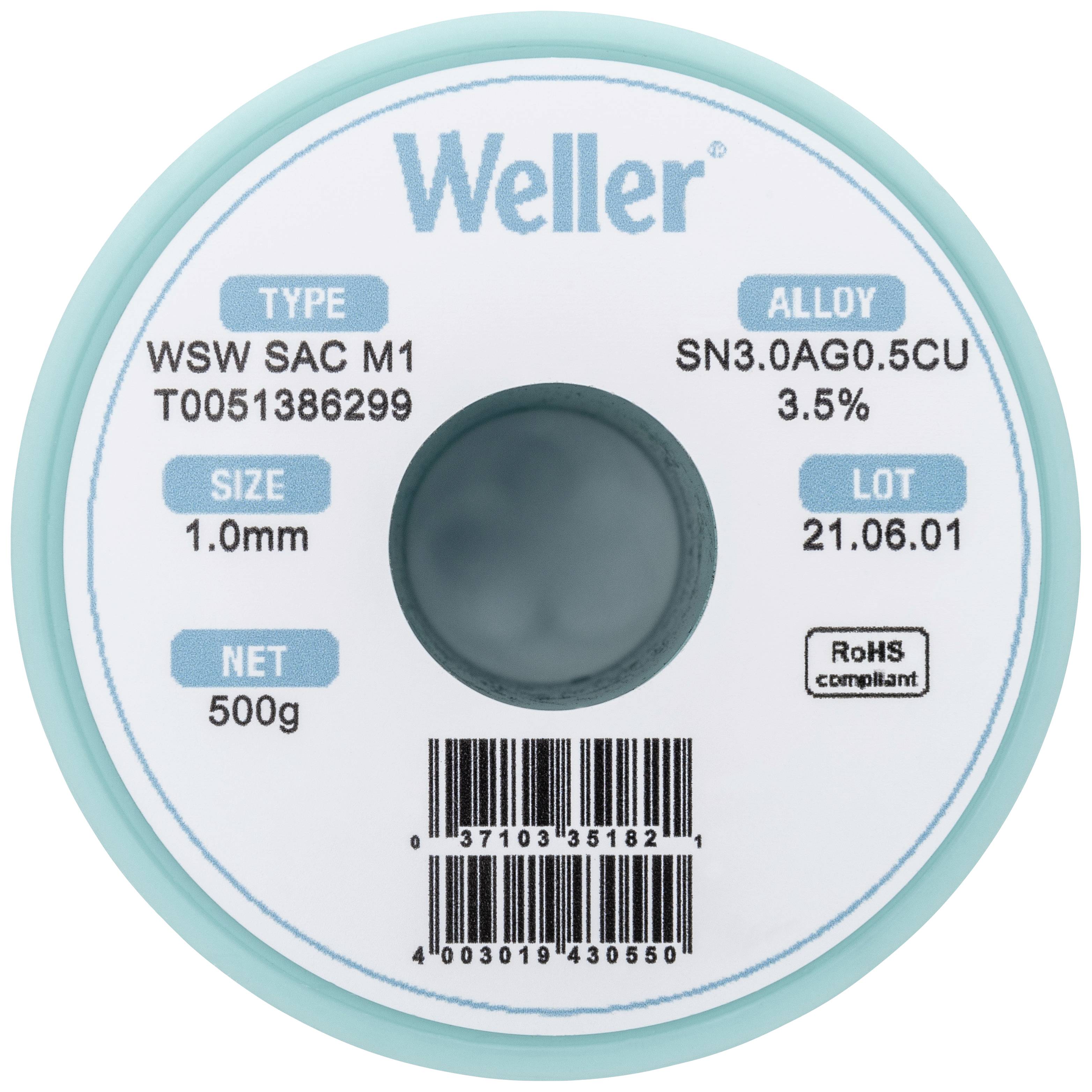 Loddetrådrulle fra Weller, type WSW SAC M1, diameter 1,0 mm, legering SN3.0AG0.5CU, 500g, RoHS-overensstemmende, batchnummer 21.06.01.