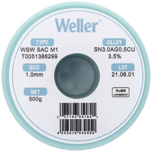 Weller WSW SAC M1 Loddetin, blyfri Spole Sn3,0Ag0,5Cu 500 g 1 mm