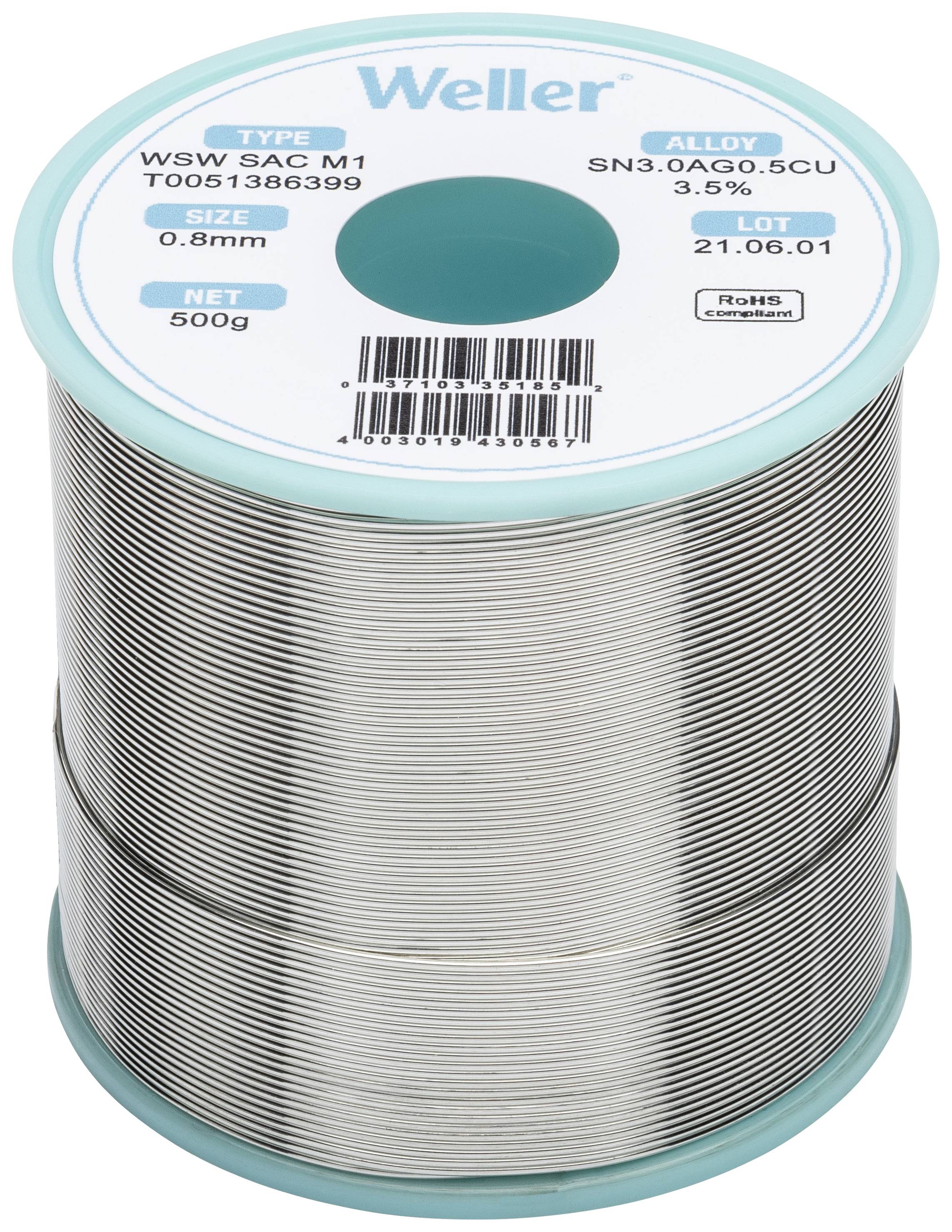 Loddetrådrulle fra Weller, type WSW SAC M1, legering SN3.0AG0.5CU, diameter 0,8 mm, vægt 500 g, lotnummer 21.06.01.