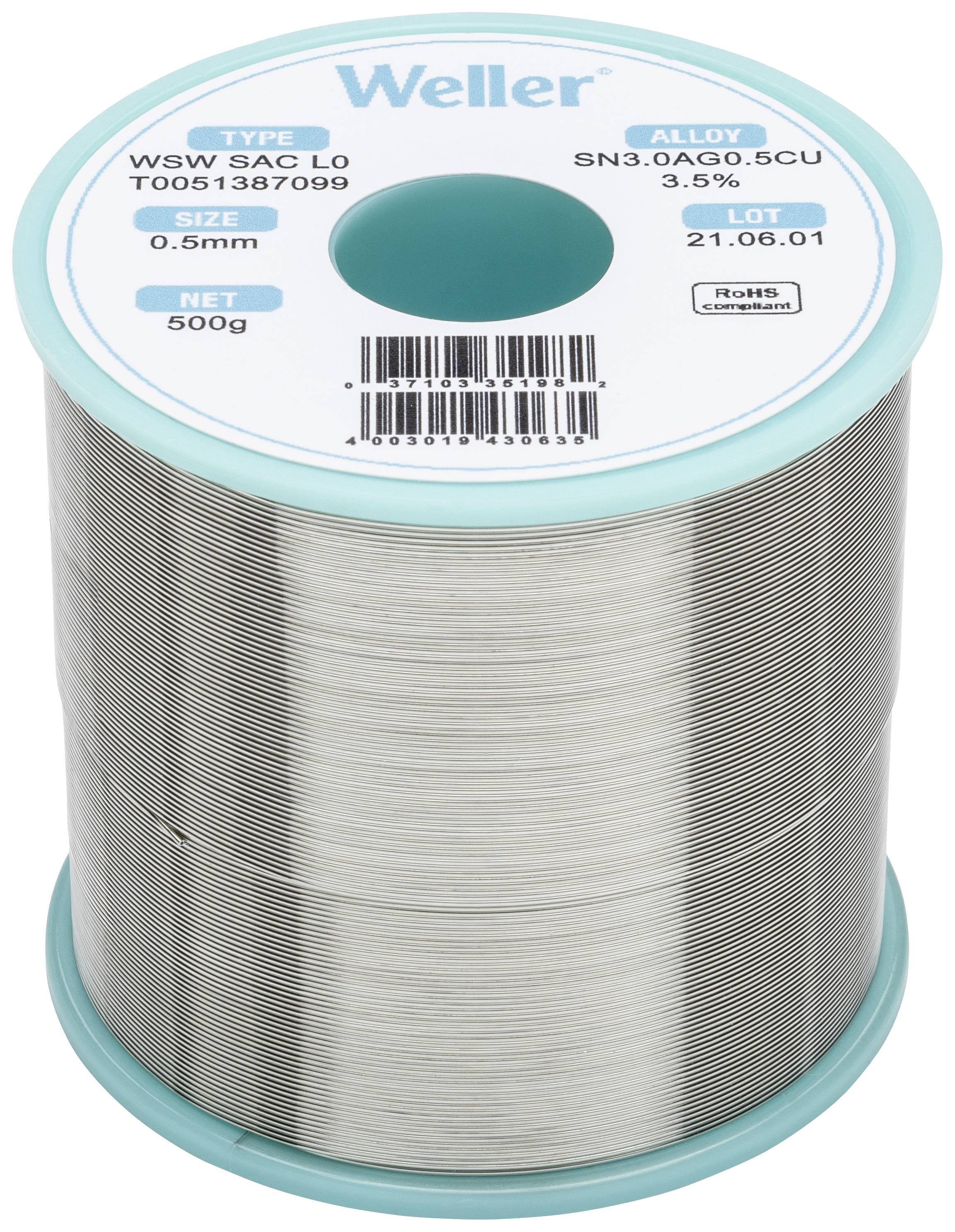 Loddetrådrulle fra mærket Weller, type WSW SAC L0, legering SN3.0AG0.5CU, vægt 500g, diameter 0,5mm, lotnummer 21.06.01.
