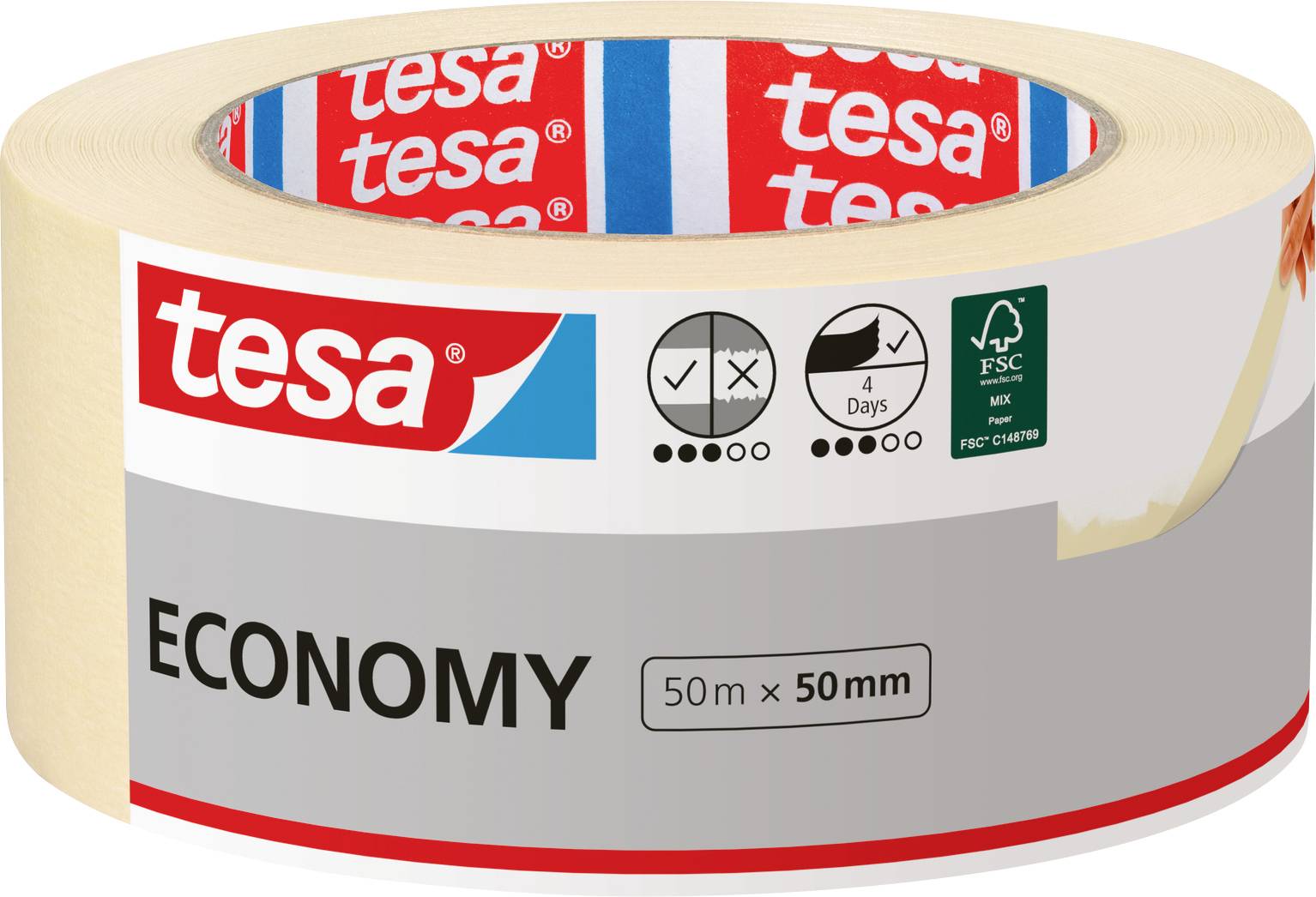 Malertape fra 'tesa' med mål på 50 m x 50 mm, velegnet til malerarbejde.