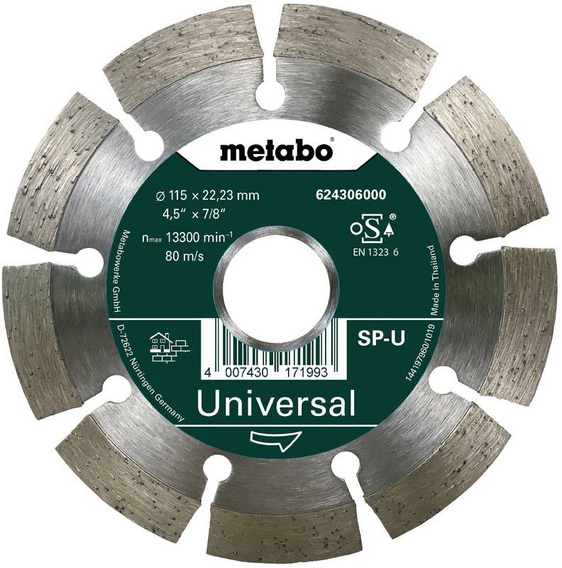 Metabo universelt segmenteret diamantsavklinge mærket 115 x 22.23 mm, til skæring af sten eller murstensværk.