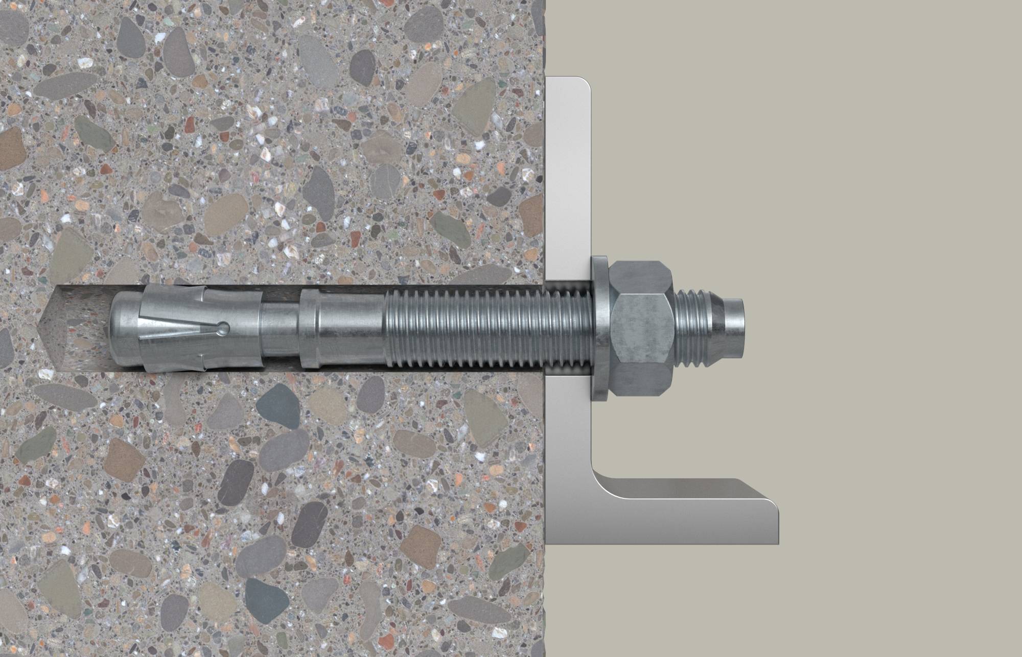 Tværsnit af en betonankerbolt fastgjort i en betonvæg, med en møtrik og beslag der fastgør en metallplade.