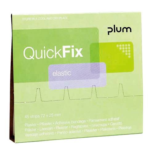 En grøn emballage med påskriften 'QuickFix elastic' fra Plum. Indeholder 45 elastiske plasterstrips, størrelse 72 x 25 mm.