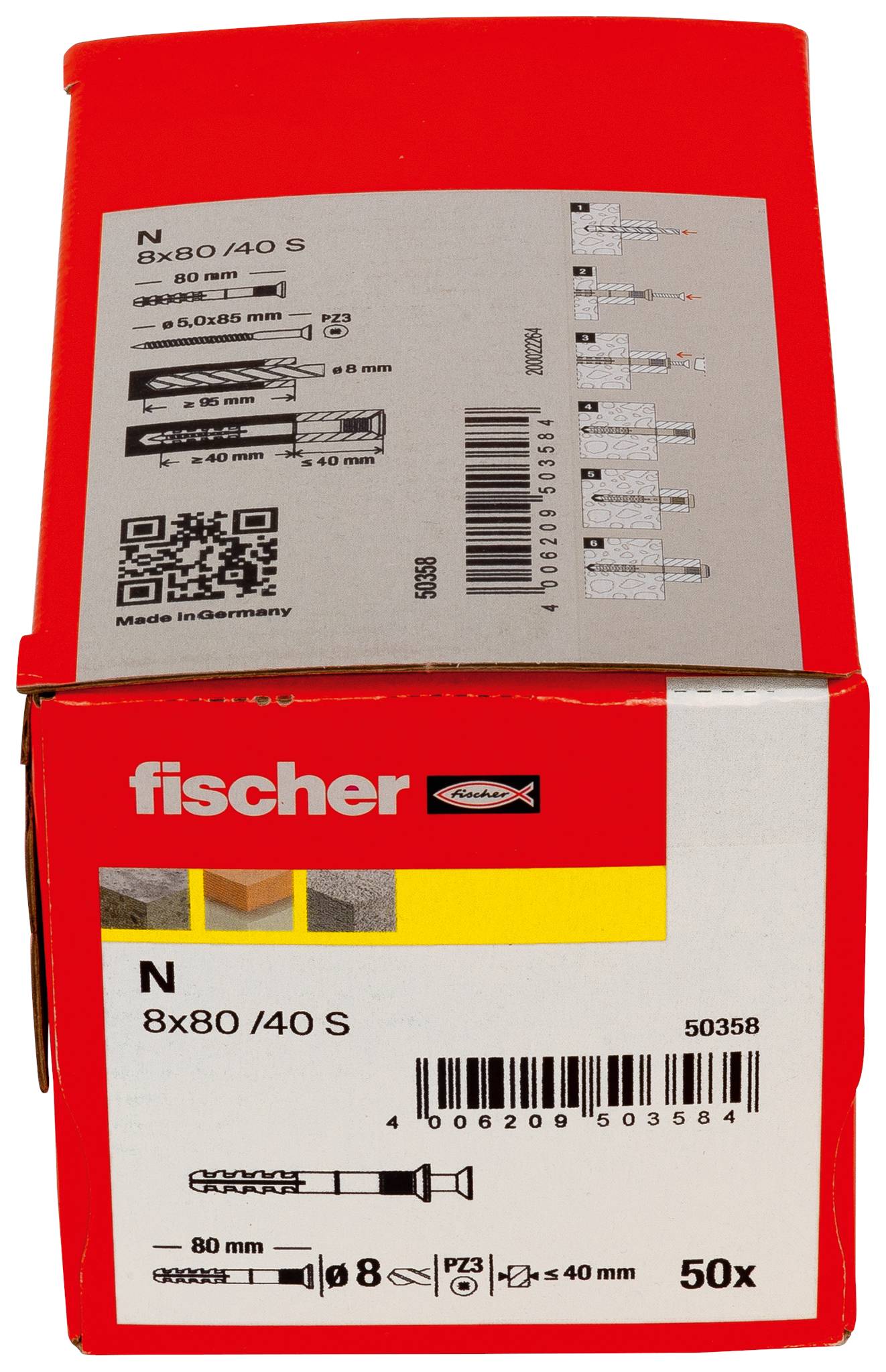 Rød Fischer-kasse med N 8x80/40 S vægankre, viser produktetiket, stregkode, størrelsesspecifikationer og antal på 50 stykker.