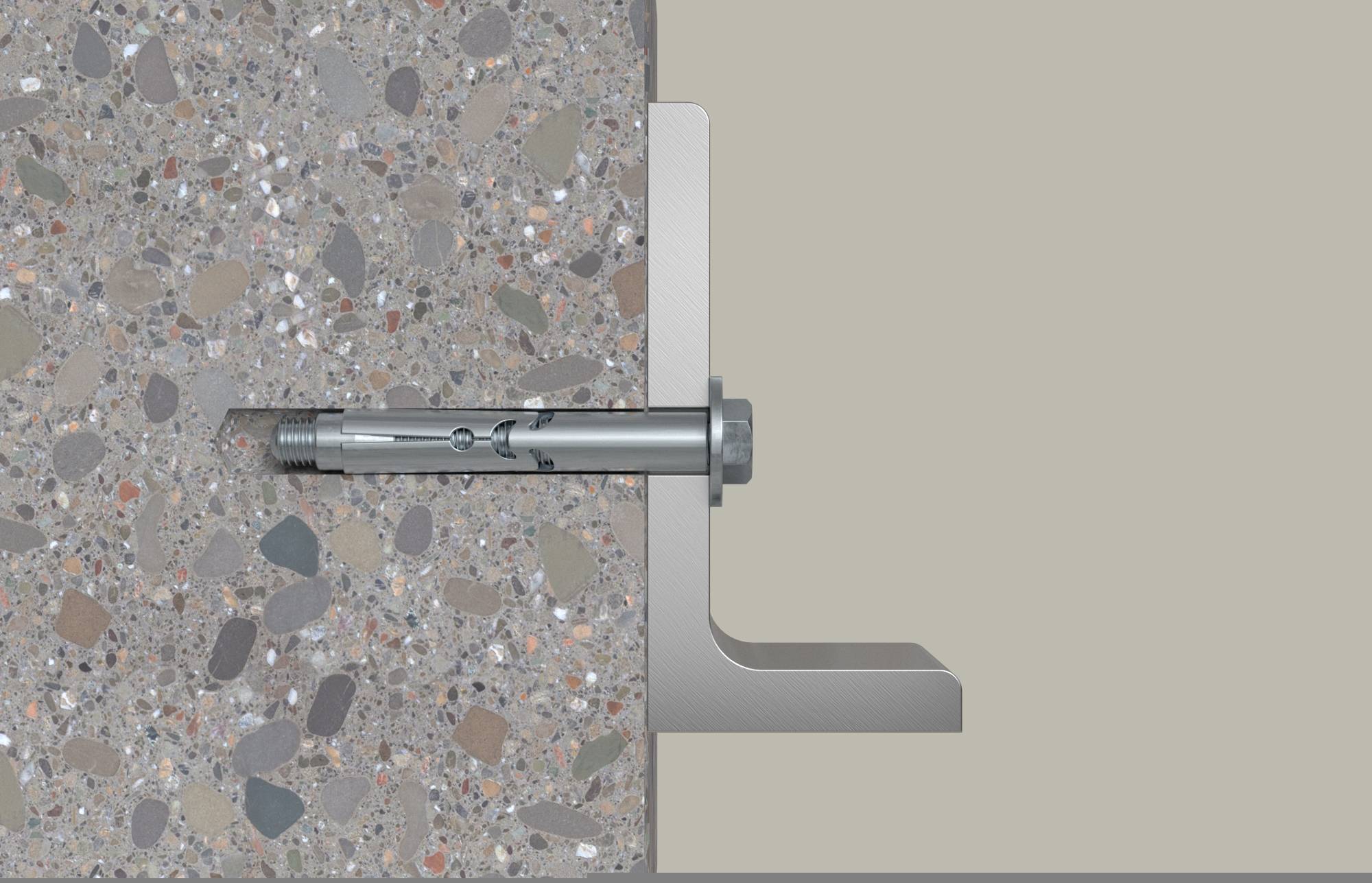 Tværsnit af en vægankerbolt, der fastgør en metalbøjle til en betonoverflade.