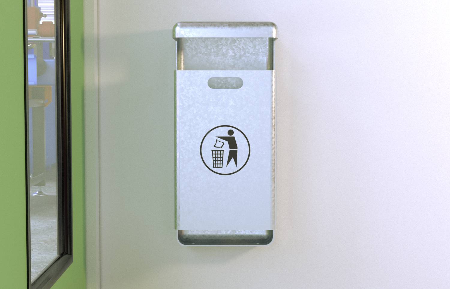 Vægmonteret metalkurv med et bortkasteligt affaldssymbol på en glat indendørs væg ved siden af en dørgang.