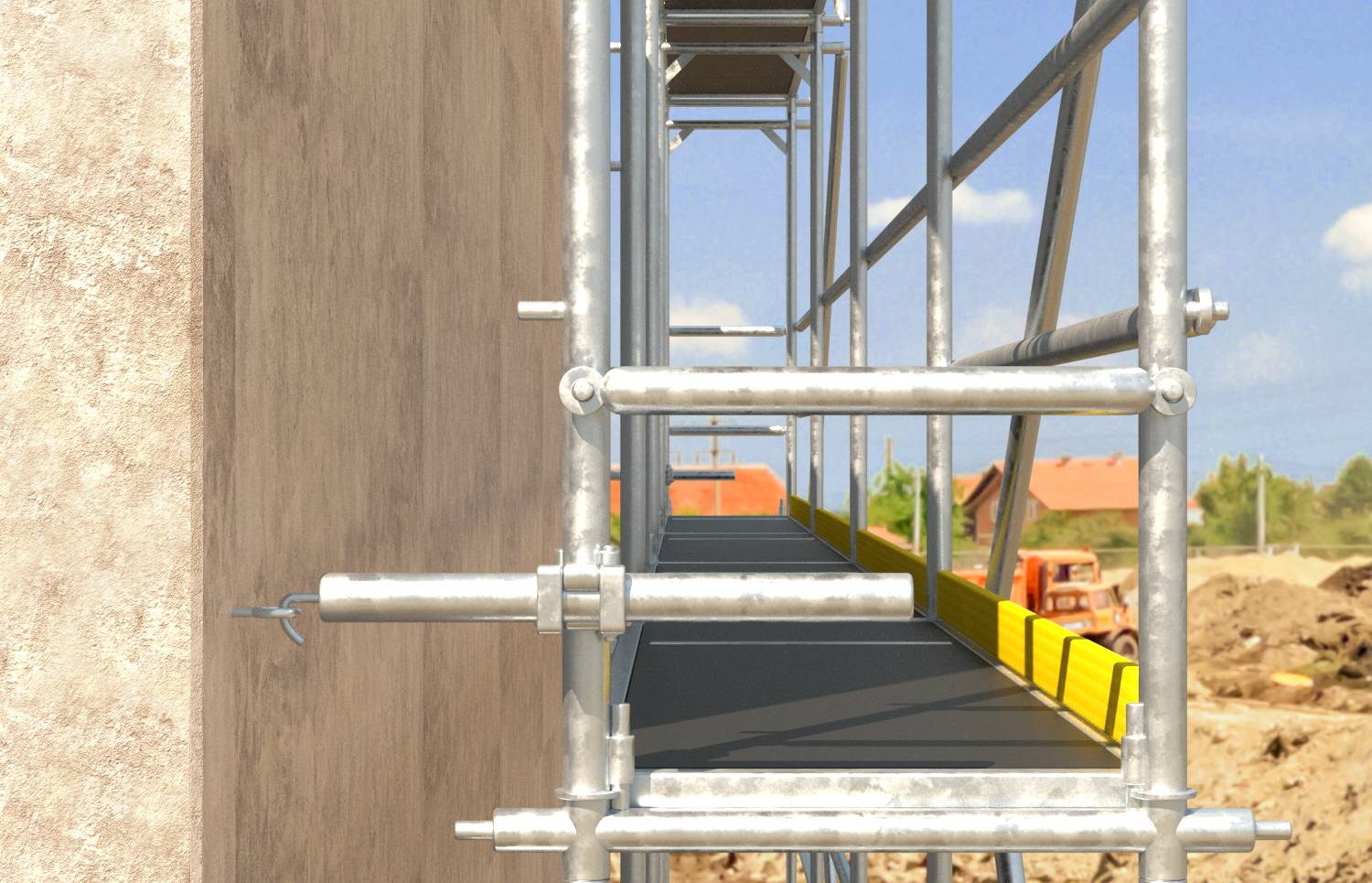 Stilladsplatform med gule sikkerhedsbarrierer ved siden af en bygningsvæg, der overlooks et byggeplads med udstyr og tage i det fjerne.