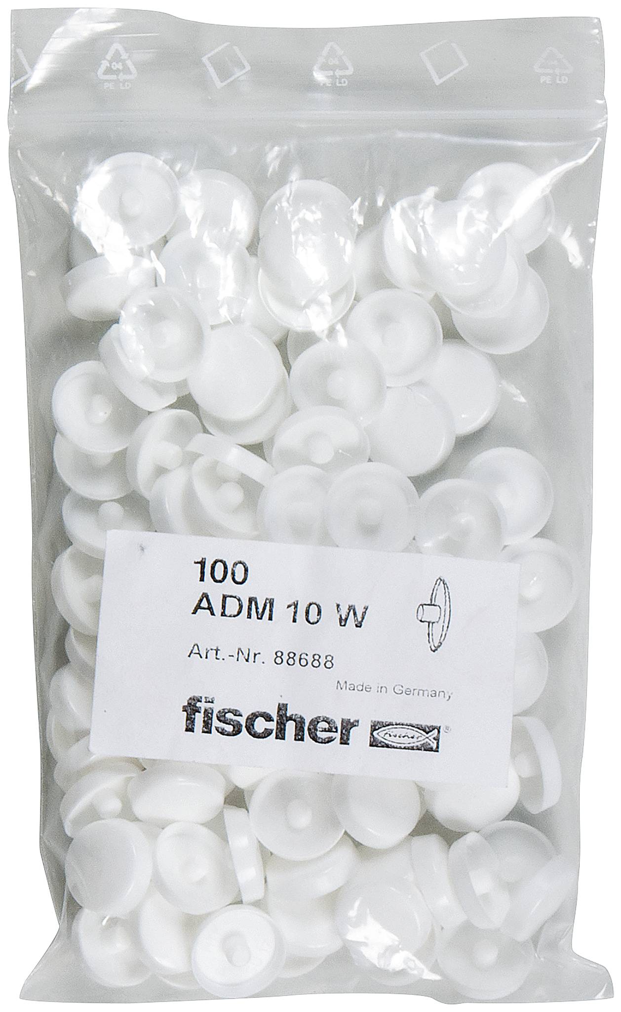 Klar plastikpose med hvide plastikdybelpløkker, mærket '100 ADM 10 W' med fischer-mærkning.