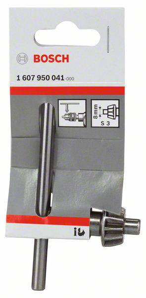 Emballage til en Bosch-borepatronsnøgle med produktnummer '1 607 950 041'. Indeholder illustration og størrelsesangivelse '8 mm'.