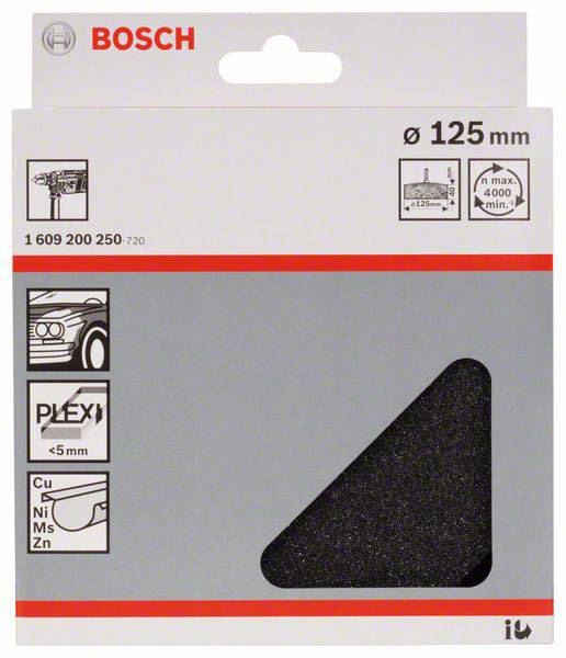 Pakning til et trekantet slibepapir fra Bosch, egnet til metaller som jern, nikkel og zink, diameter 125 mm.