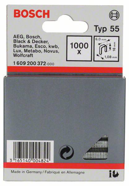 Emballagen viser Bosch Type 55 søm, 1000 stykker, 16 mm lange med 6 mm bredde. Kompatible mærker er AEG, Black & Decker.