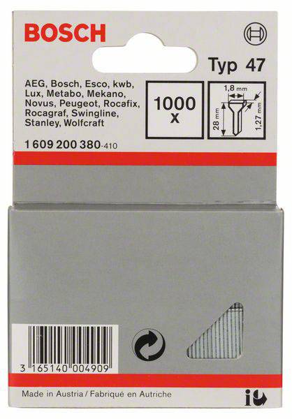 'Bosch Type 47' hæfteklammer med 1000 stykker, mål: 28 mm lange, 12,7 mm brede. Emballage fra Østrig, grå med varemærkelogo.