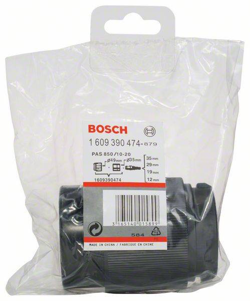 Plastikemballage med Bosch reservedel. Mærkning viser modelnummer 1609390474. Egnet til forskellige borebitsstørrelser.