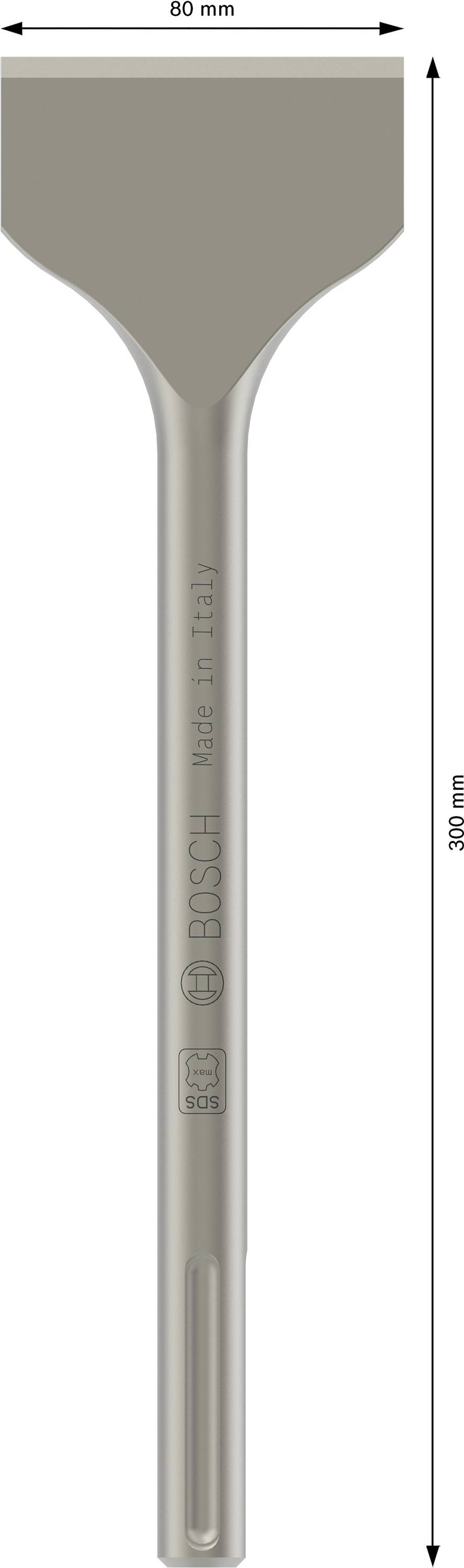 Bosch fladmejsel af stål, 300 mm lang, 80 mm bred, fremstillet i Italien. Egnet til præcis mejsling og aftagning af materiale.
