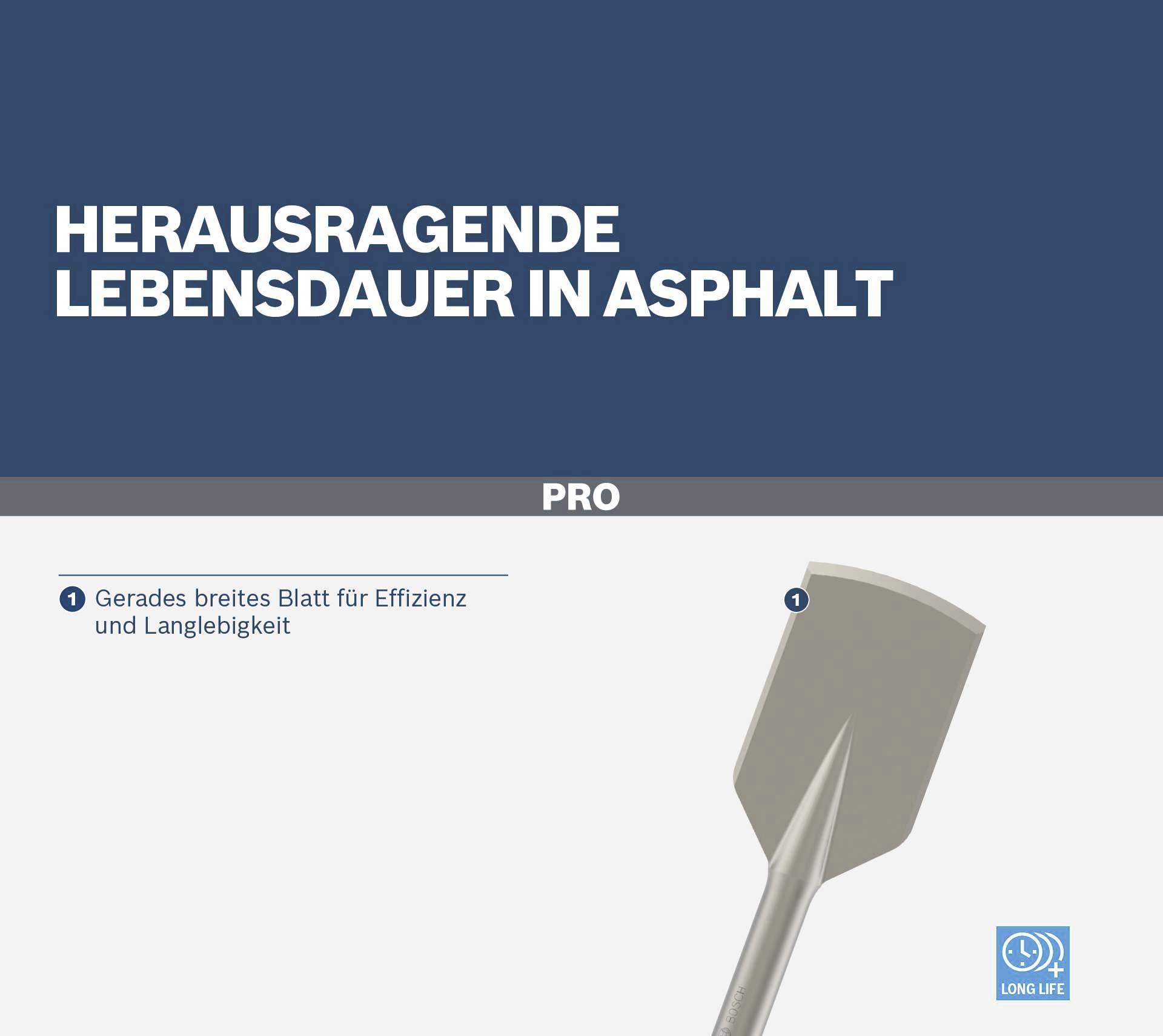 'Fremragende levetid i asfalt' viser en stabil, bred skovl, der er beregnet til effektivitet og holdbarhed.