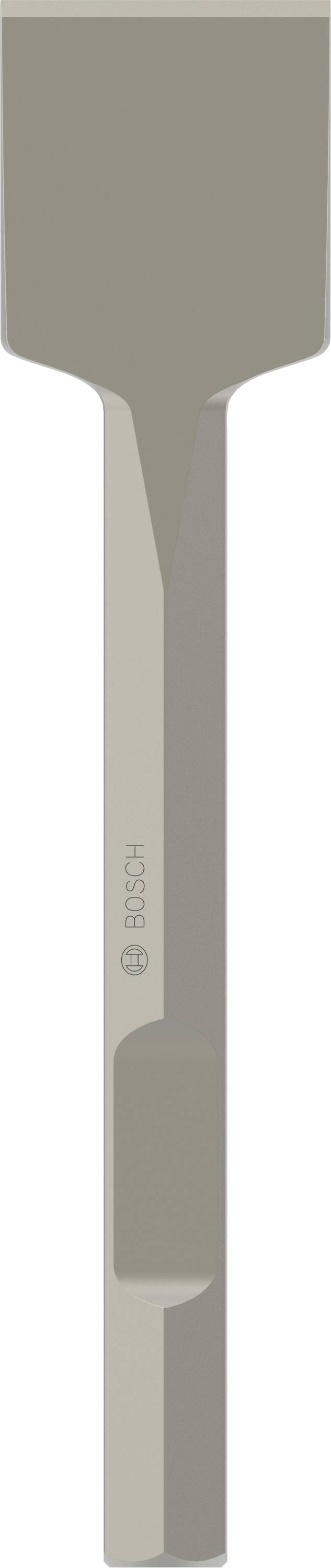 Spidsmejsel set ovenfra, metallisk sølvfarvet med påtrykt 'Bosch', egnet til nedrivningsopgaver.