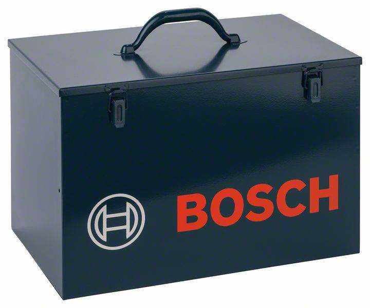 Sort metalæske med rødt 'BOSCH'-logo og rundt symbol. Æsken har et bærehåndtag og to lukkemekanismer.