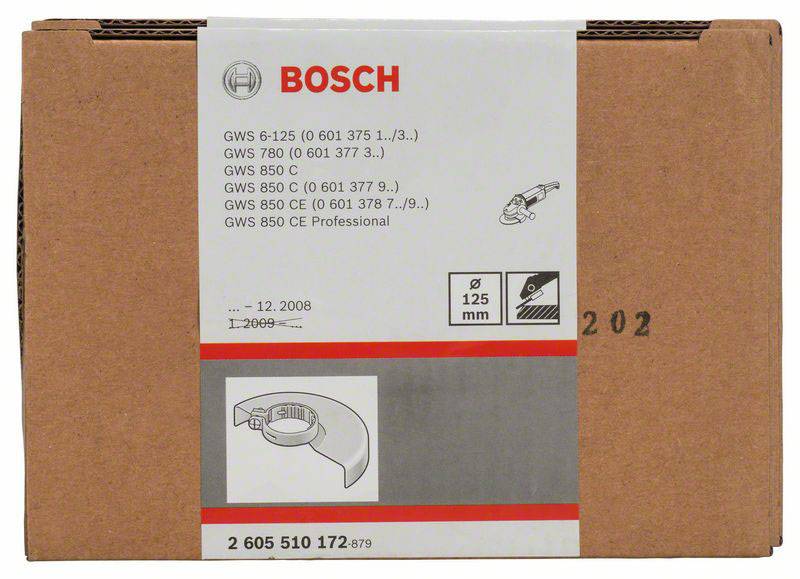 Kartonen viser en Bosch-emballage, der indeholder reservedele til vinkelsliber. Tekst på boksen: 'Bosch', '125 mm'.