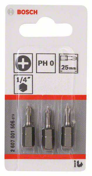 Pakning med tre Bosch skruetrækker-bits, type PH0, 25 mm lange, til 1/4 tomme holder.