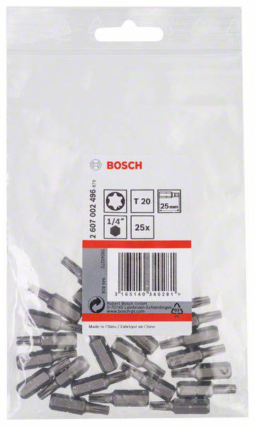 Taske med 25 Bosch T20 bits, 25 mm lange. Emballagen viser stregkode og nogle bits, fremstillet i Kina.