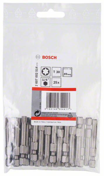 25 Bosch T30 Bits, 49 mm, 1/4 tomme, i plastpose. EAN-kode og Fremstillet i Kina angivet.