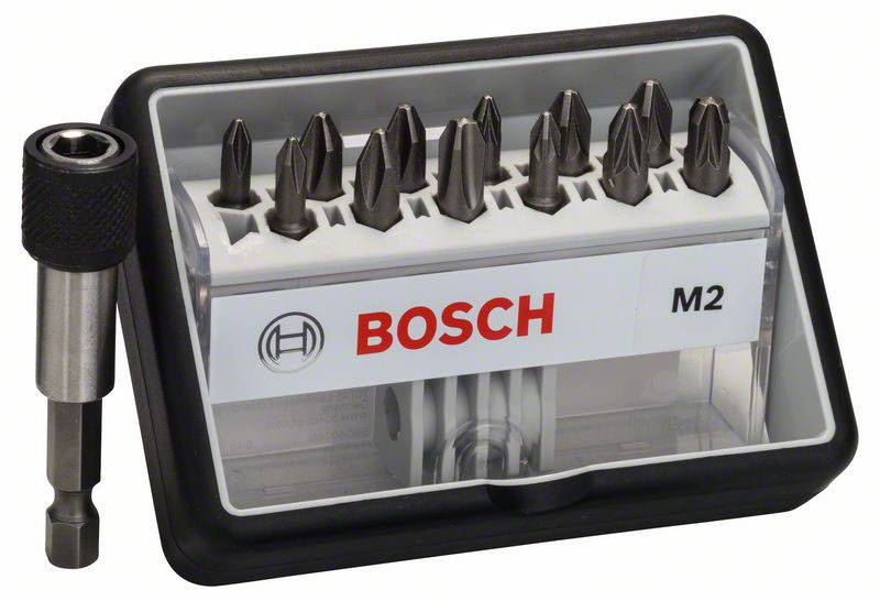 'Bosch boresæt, model M2, indeholder forskellige borbits og en bitsholder.'